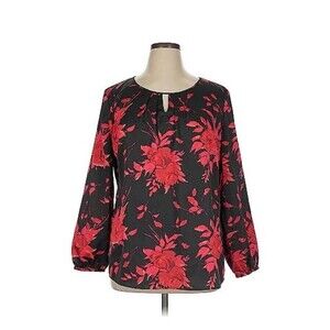 Talbots Woman Red Floral Black Satin Keyhole Neck Blouse Size 3X
